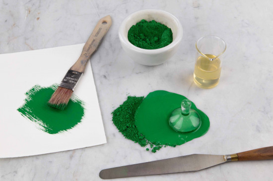 ... or with a muller until a homogeneous, smooth, lump-free paste is achieved. If the pigment is hard to moist, add a few drops of Ethyl Alcohol (#70805) or Ox Gall (#78087) as dispersant. Prior to application, the paint is thinned with water as required. Test the paint on a piece of paper: If it shows chalking, add more watercolor medium. If the paint feels tacky after drying, add more pigment. If the painted surface shows little granules that will smear when you rub it with your finger, you need to mix and grind the pigment more thoroughly.