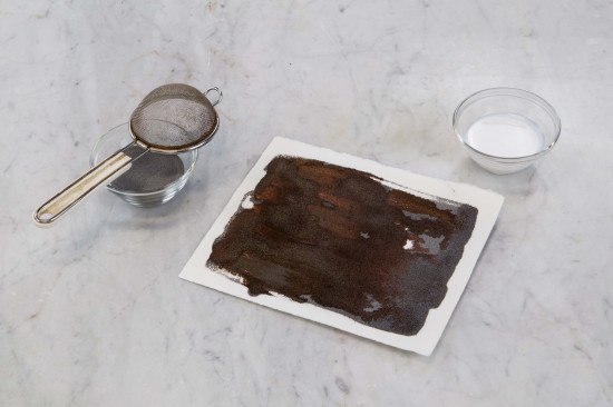 Then sprinkle the iron powder onto the sticky surface using the fine sieve. When it is dry, shake off or sweep off excess powder. Iron Filings (#54600) and Steel Powder (54650) also rust, but they rust slower than Cast-Iron or Iron Powder. These powders are very fine. Therefore, they should be mixed with acrylic dispersion prior to application, using a paint brush or roller. In order to make a trowel textured mixture, you can thicken the acrylic dispersion with the Thickener Rohagit® SD 15. Adding cellulose glue K 1000 helps the rusting process because it holds moisture. Then, you mix it with Iron Powder (#54660) until it becomes a trowel textured paste. You can further change the color of the rust layer by adding Iron Oxide Pigments (#48700). The surface must be kept moist until rust is formed. You can speed up the process by spraying the surface with a solution made up of 20 grams of common salt and 1 tablespoon of vinegar in 1 liter of water.
